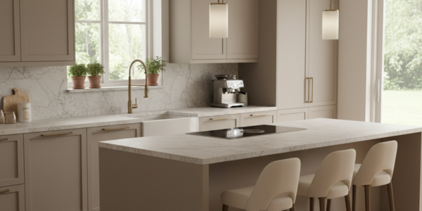 Moderne taupe keuken met kookeiland, marmeren werkblad en drie beige barkrukken.