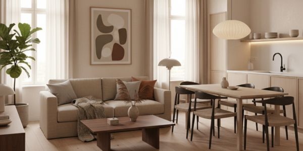 Japandi stijl woonkamer met beige bank, houten eettafel en natuurlijke materialen in een lichte, serene ruimte.