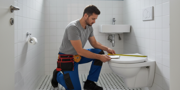 Monteur meet een wandtoilet op in een betegelde badkamer met wit sanitair.