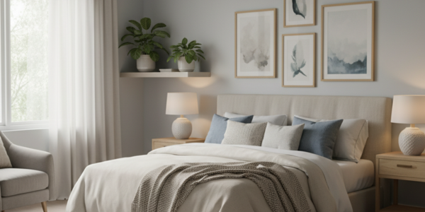 Rustige slaapkamer in Scandinavische stijl met beige tinten, blauwgrijze accenten en houten meubels.