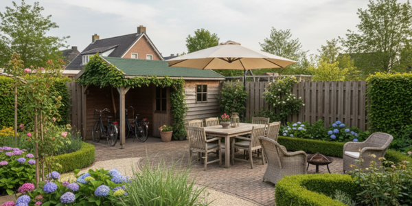Verzorgde tuin met terras, houten overkapping, tuintafel met parasol en kleurrijke hortensia’s.