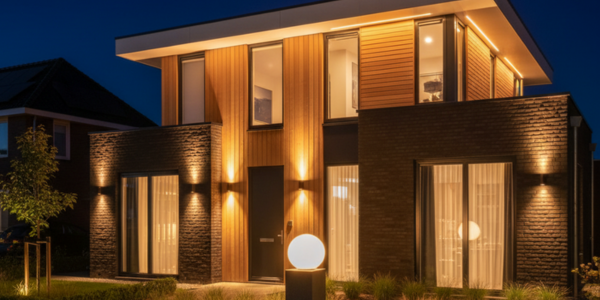 Moderne woning met houten gevelaccenten en warme buitenverlichting in de avond.