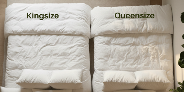 bovenaanzicht van een kingsize en queensize bed naast elkaar om het verschil tussen king en queen size te laten zien en hoe groot een queensize bed is