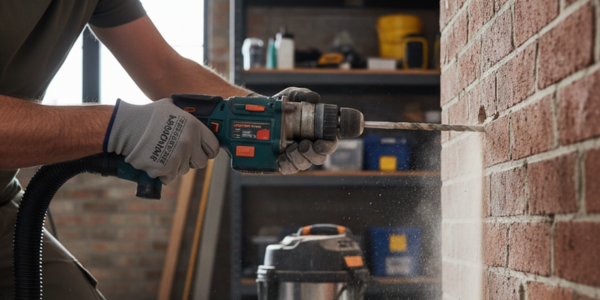 Persoon boort met een klopboormachine een gat in een bakstenen muur terwijl stof wordt afgezogen.
