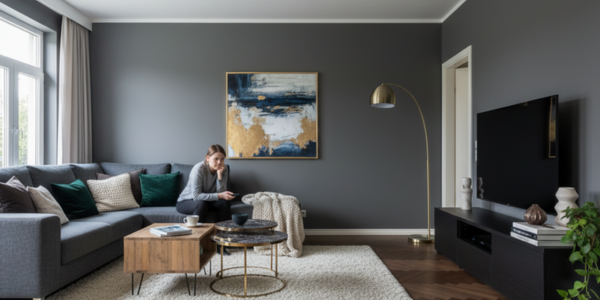 Vrouw zit op een grijze hoekbank tegenover een televisie in een moderne woonkamer met ideale afstand tussen tv en bank.