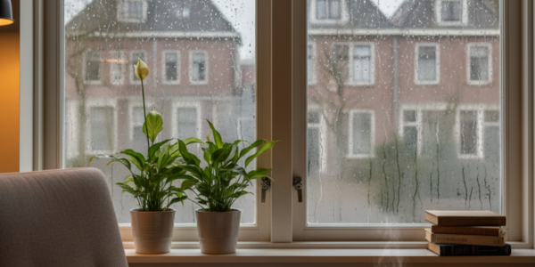 Twee kamerplanten op een vensterbank voor een raam met druppels en condens aan de binnenkant; buiten zijn bakstenen huizen zichtbaar. Thema: hoe voorkom je condens aan de binnenkant van het raam.