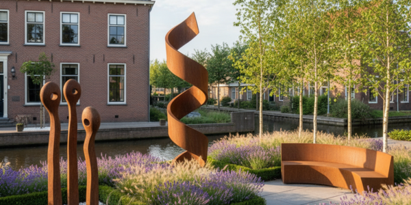 Cortenstaal kunstbeelden in een moderne tuin met lavendel en waterpartij, omgeven door bomen en klassieke Nederlandse huizen.