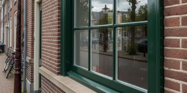 Traditioneel Nederlands straatbeeld met een groen houten kozijn, bakstenen gevel en een reflectie van fietsen en huizen in het raam.