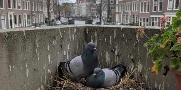 duiven nest op balkon met uitwerpselen en plantenbak