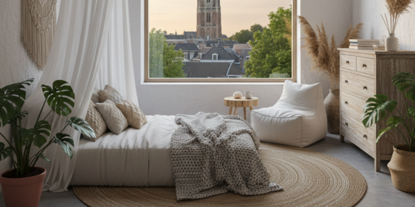 Sfeervol ingerichte slaapkamer met een groot boogvormig raam dat uitkijkt op de Domtoren bij zachte avondlicht.