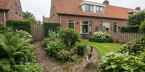 Tuin met een pad, omringd door groene planten en struiken, met een driekleurige kat die richting de camera loopt voor een bakstenen huis met rood dak.