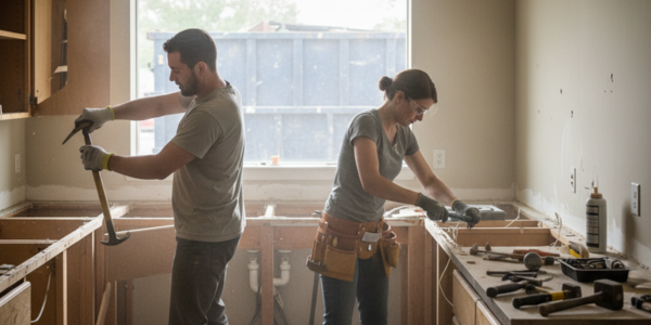 Hoe keuken demonteren: Twee personen die een keuken demonteren met gereedschap tijdens een renovatieproject.