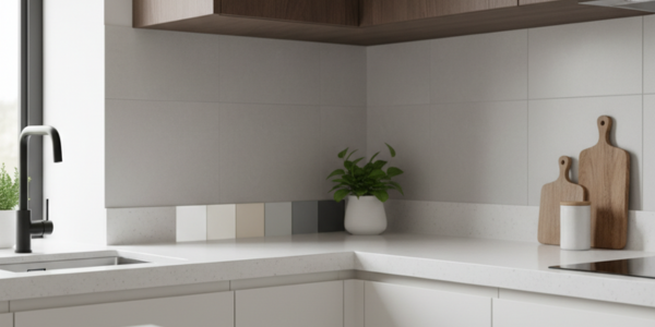 Moderne witte keuken met lichtgrijze tegelwand, werkbladstalen in verschillende kitkleuren en houten snijplanken als decoratie.