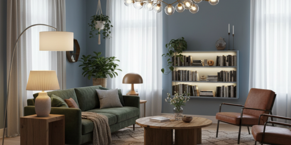 Stijlvolle woonkamer met verschillende lampen, een groene bank, houten meubels en warm sfeerlicht.