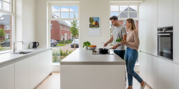 Moderne keuken met kookeiland en voldoende loopruimte tussen aanrecht en eiland, ideaal voorbeeld van optimale keukenindeling