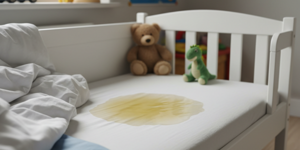 Kinderbed met een natte plek op het matras en twee knuffels; onderwerp: hoe krijg je plas uit matras.