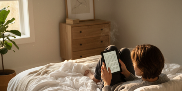 persoon leest op een queensize bed om te laten zien hoe groot een queensize bed is in een moderne slaapkamer