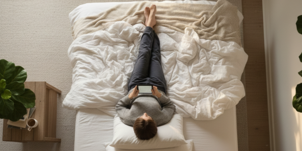 bovenaanzicht van persoon die leest op een queensize bed om te laten zien hoe groot een queensize bed is in een lichte slaapkamer