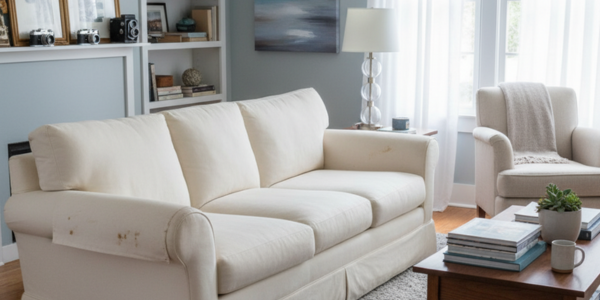 Een lichte woonkamer met een crèmekleurige bank waarop enkele slijtage- en vuilplekken zichtbaar zijn, naast een beige fauteuil en een salontafel met boeken en een plant.