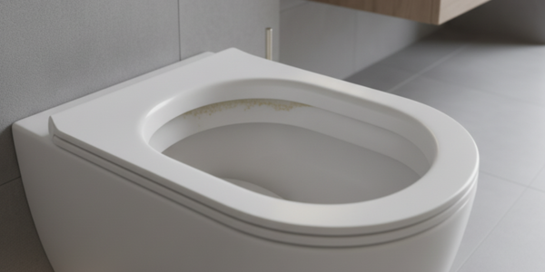 Toiletpot met zichtbare kalkaanslag onder de spoelrand.