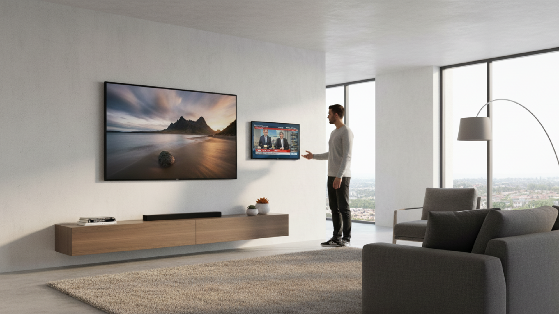 Man vergelijkt twee televisies van verschillend formaat aan de muur in een moderne woonkamer om de juiste kijkafstand te bepalen.