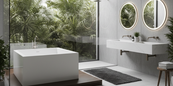 Moderne badkamer met een vrijstaande vierkante badkuip, grote raampartij en weelderige groene planten buiten.