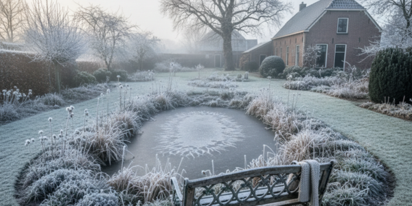 Winterse landelijke tuin met vijver die bedekt is met ijs, omringd door met rijp bedekte planten en een houten bank op de voorgrond.