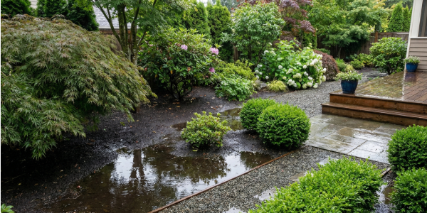 Tuin met bomen en struiken voor natte grond waarin plassen regenwater staan tussen groene heesters en vaste planten.