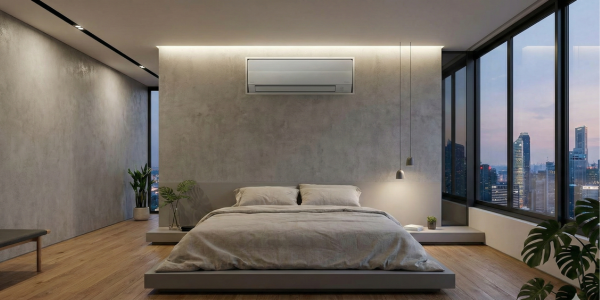 Moderne slaapkamer met groot bed en een wandgemonteerde airco boven het hoofdeinde, grote ramen met stadszicht en warme sfeerverlichting.