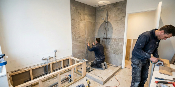 Twee vakmannen renoveren een badkamer waarbij nieuwe wandtegels en een inloopdouche worden geplaatst.