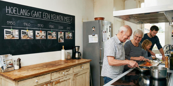 Twee oudere volwassenen koken samen in een huiselijke keuken, terwijl een jong gezin op de achtergrond helpt. Aan de muur hangt een groot krijtbord met de tekst Hoelang gaat een keuken mee? en foto’s van keukens uit verschillende decennia.