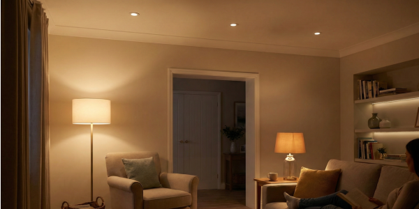 Gezellige woonkamer met warme verlichting met genoeg lumen woonkamer, inclusief plafondspots, een staande lamp en een tafellamp die samen een zachte, sfeervolle lichtbalans creëren.