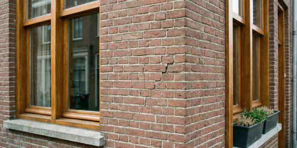 Steenstrips buitengevel nadelen: Hoek van een bakstenen gevel met houten kozijnen, waarin een lichte scheur zichtbaar is tussen de stenen.
