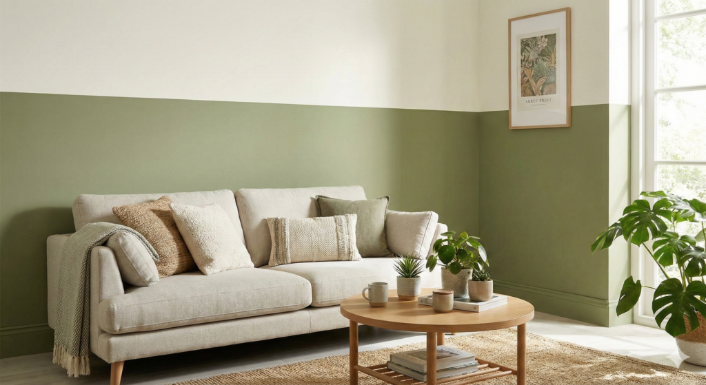 Sfeervolle woonkamer met een horizontaal geverfde halve muur, waarbij het onderste deel in een matte saliegroene kleur is geschilderd en het bovenste deel in gebroken wit. De ruimte is ingericht met een beige bank, houten salontafel en veel planten in een natuurlijke Scandinavische stijl.