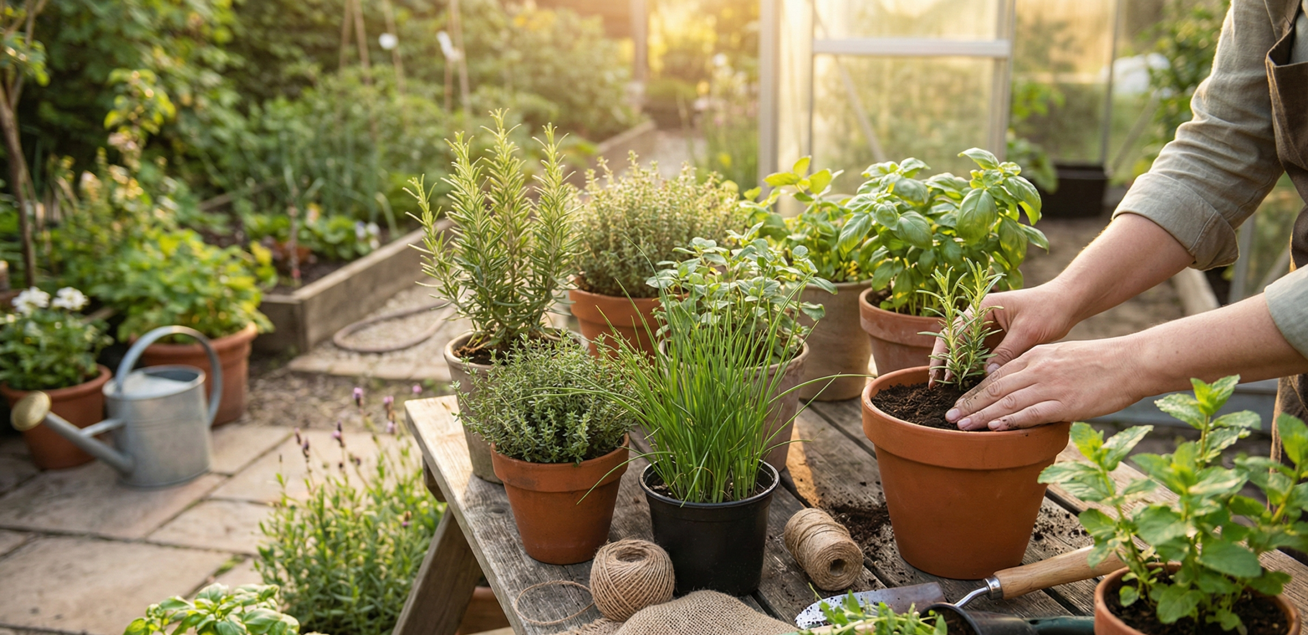 Een tuinier is bezig met kruiden planten in terracotta potten op een zonnige houten tuintafel, omringd door diverse soorten zoals rozemarijn, basilicum, tijm en bieslook met een kas op de achtergrond.