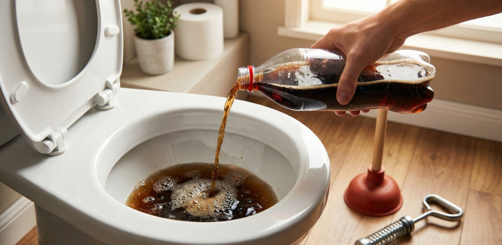 Fles cola wordt leeggegoten in een toiletpot om te proberen de wc te ontstoppen, met een ontstopper en wc-veer op de vloer als betere alternatieven.