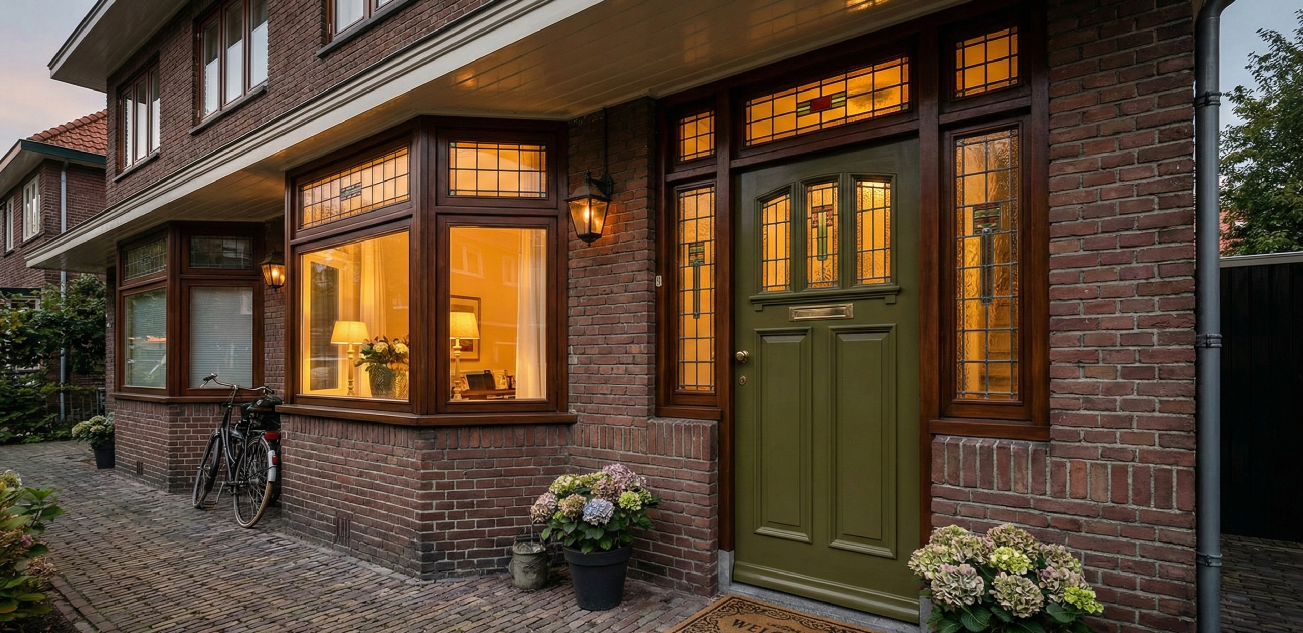 Authentieke olijfgroene jaren 30 voordeur met glas-in-lood details en messing beslag in een sfeervol verlichte bakstenen gevel tijdens de avondschemering.