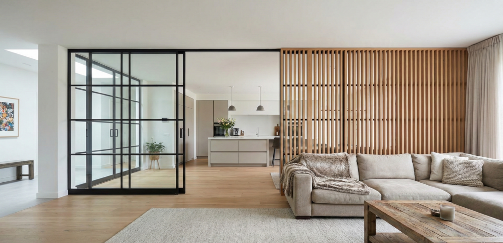 Een moderne afscheiding keuken woonkamer met zwarte stalen glazen deuren en een sfeervolle houten lattenwand.