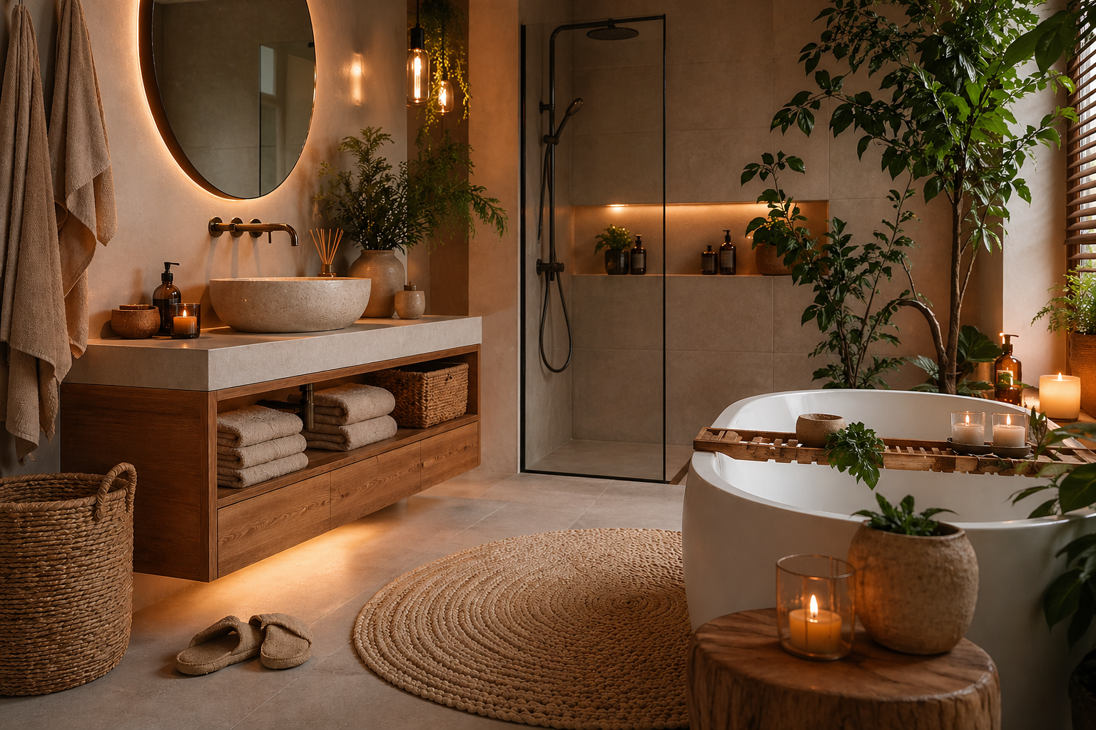 Badkamer aankleding met houten meubel, ronde spiegel, planten, kaarsen en vrijstaand bad in warme sfeervolle verlichting.