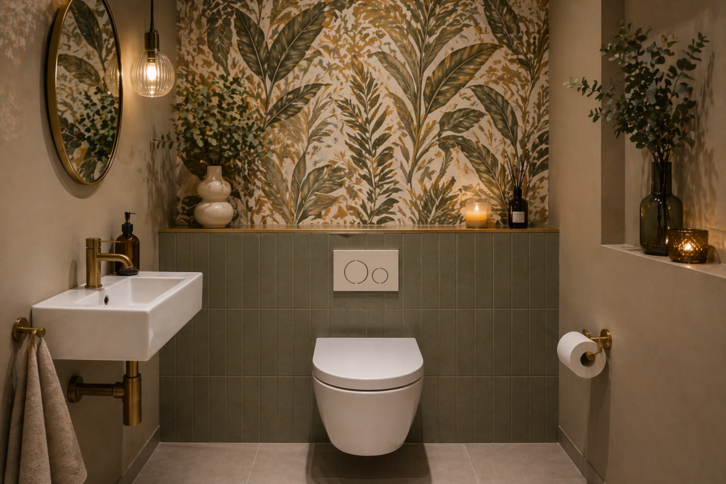 Behang ideeen wc met botanisch behang, wandtegels en modern toilet in warme sfeervolle ruimte