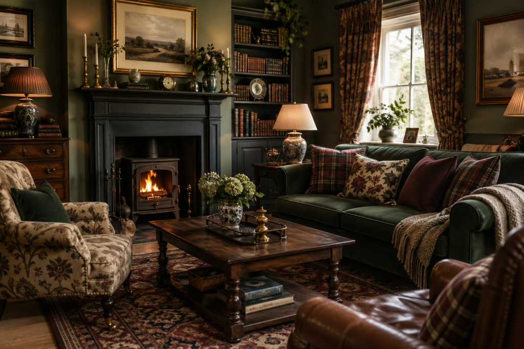 Engels interieur woonkamer met donkergroene bank, klassieke houten meubels, open haard en warme verlichting.