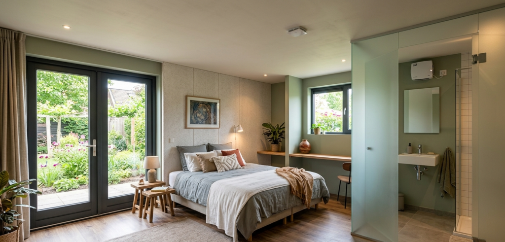 Garage ombouwen tot slaapkamer met modern bed, natuurlijke materialen, grote glazen deuren en uitzicht op groene tuin.