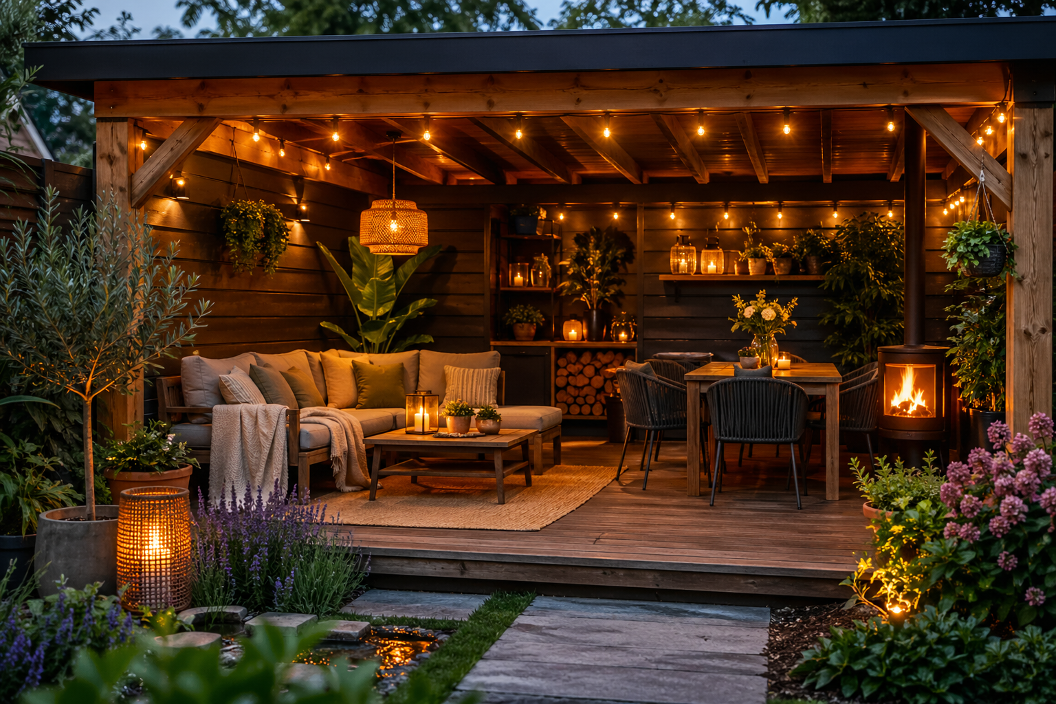 Gezellige overkapping tuin met houten constructie, loungebank, warme verlichting, planten en knusse zithoek in de avond