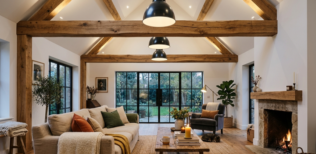 Woonkamer met houten balken plafond, grote zwarte stalen ramen, beige bank, fauteuil en open haard in een modern landelijke stijl.
