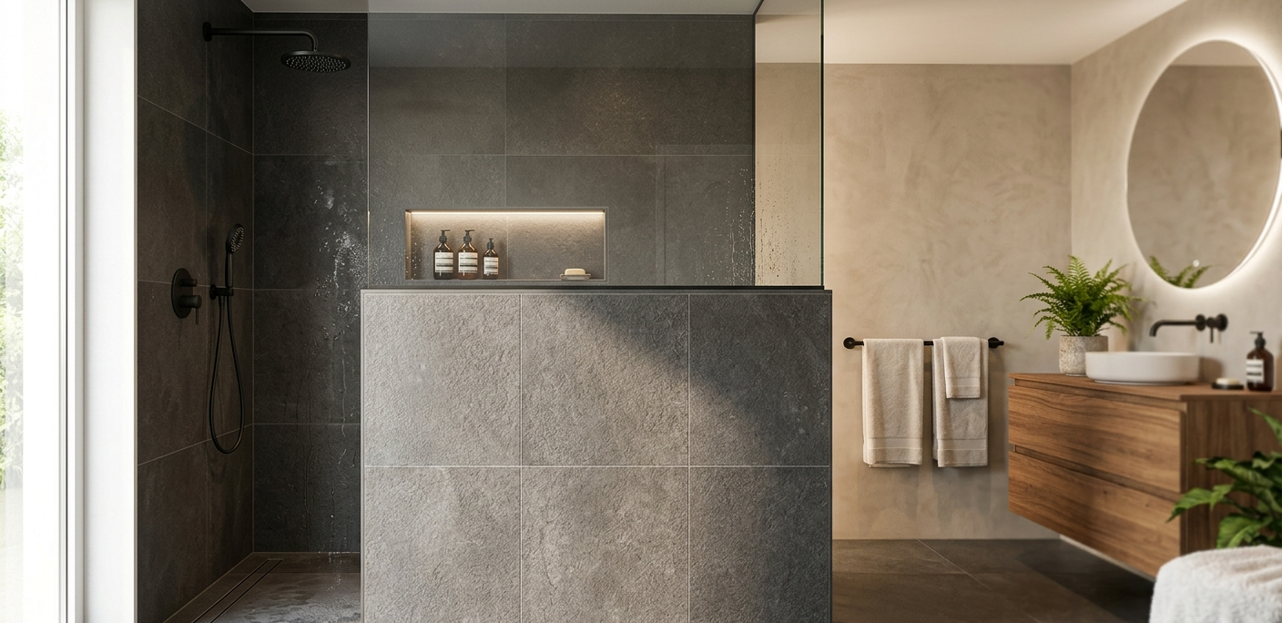 Inloopdouche muurtje in moderne badkamer met zwarte douche en houten wastafel