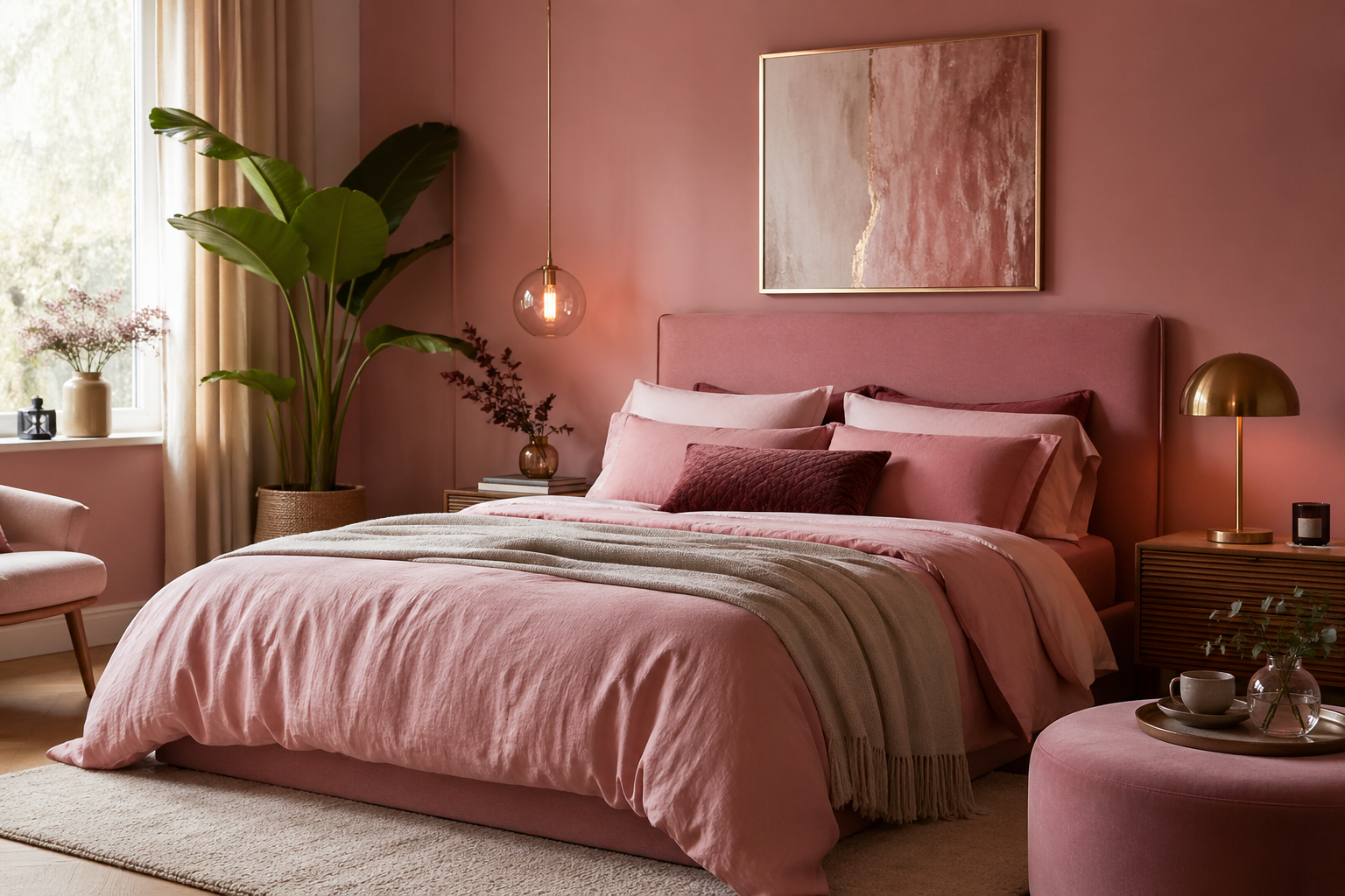 Roze slaapkamer met oud roze muren, zacht beddengoed, houten meubels, planten en warme verlichting in een modern interieur.