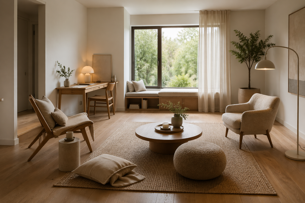 Woonkamer zonder banken trend met fauteuils, poef en vloerkleed in een lichte minimalistische ruimte