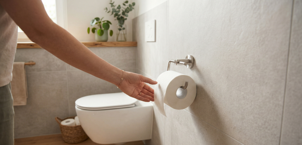 Persoon pakt toiletpapier om aan te geven hoe hoog wc rolhouderhouder moet hangen naast modern hangtoilet in minimalistische badkamer