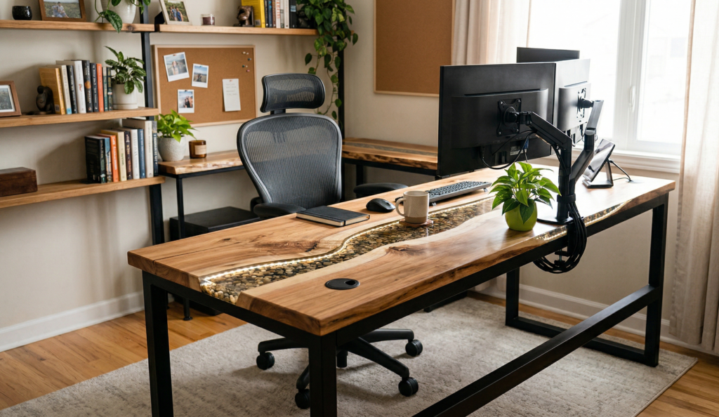 Bureau DIY van hout en staal met ingebouwde kabeldoorvoer in een minimalistische werkruimte.