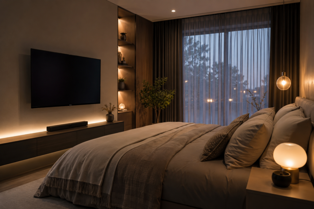 Tv voor op slaapkamer in een moderne en sfeervolle slaapkamer met wandmontage, zacht licht en comfortabel kijkafstand vanaf het bed.